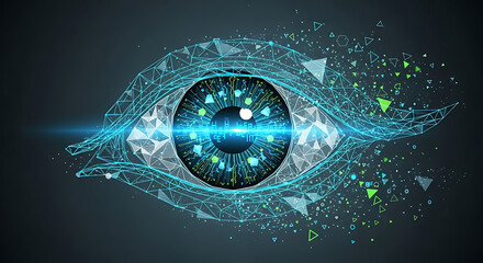 Futuristic digital eye composed of glowing blue particles and geometric shapes, symbolizing vision and technology