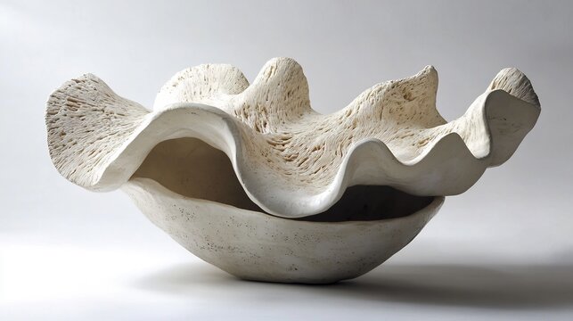 Sculptural Clam Shell Bowl: Textured, Off-White, Modern Art