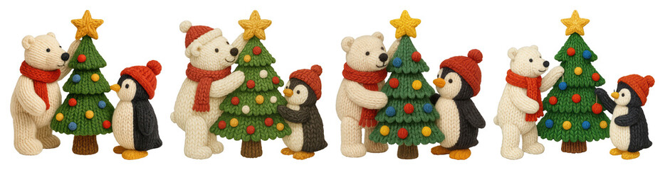 PNG Festive polar bears decorating trees, element set on transparent background