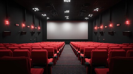 A cozy red velvet movie theater seat, dimly lit with a blurred background of the theater.