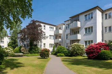 Fototapeta premium Modern apartment buildings line a landscaped courtyard on a sunny day, showcasing well-maintained gardens and vibrant greenery.