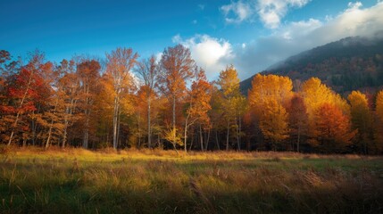 Obraz premium A vibrant autumn scene displays a meadow teeming with golden and reddish foliage, framed by towering trees against a backdrop of a mountainous horizon beneath a vast, partly cloudy sky.