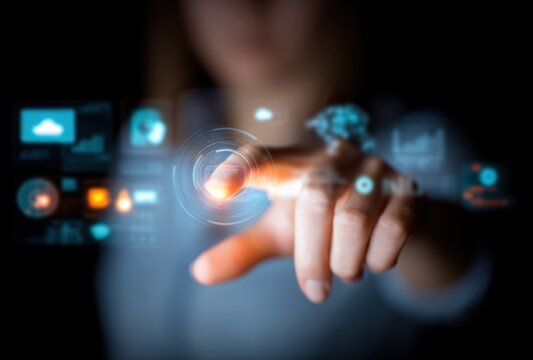 Blurred woman interacts with glowing futuristic HUD display using her finger in a dark environment, technological interface