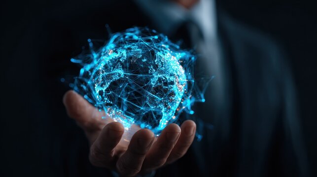 A hand holds glowing blue network sphere, with connecting lines against a dark, blurred suit and tie backdrop