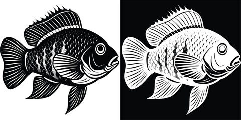 Captivating black and white fish illustration perfect for aquatic designs and nature themes