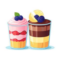 delicious dessert cups with layers of fruit cream chocolate on a white background