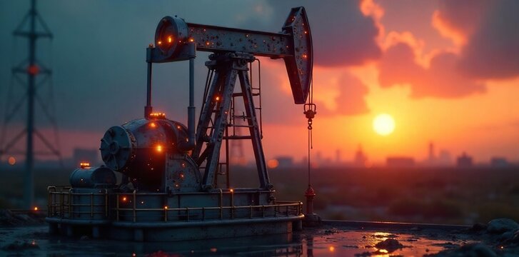 Close-up shot of a futuristic electric oil pump, gleaming metallic surface reflecting light, innovative energy technology concept ,  chrome,  reflection,  sustainability