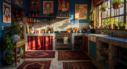 Fototapeta premium Vibrant Bohemian Kitchen Design Showcasing Eclectic Decor and Radiant Natural Lighting