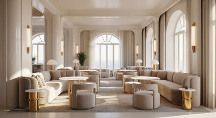 Elegant Bright Lounge with Large Arched Windows and Modern Sofas in Neutral Tones