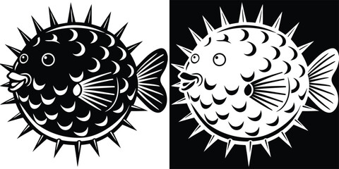 Dynamic pufferfish graphic in bold black and white, perfect for marine life projects and vibrant branding