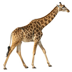 Giraffe in full-body view with long neck and patterned coat, wild animal isolated on white background. PNG