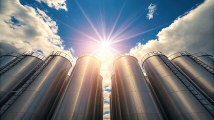 Green hydrogen industrial process. Industrial silos glisten under a bright sun, set against a dramatic sky with clouds.