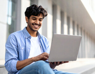 Smiling young man working on laptop outdoors in urban setting, dressed casually, enjoying natural daylight, representing digital nomad lifestyle and remote work, captured in vibrant stock photo style.