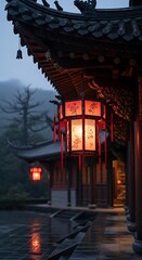 A captivating view of a traditional Asian temple lantern, glowing warmly against the misty backdrop of a tranquil courtyard.