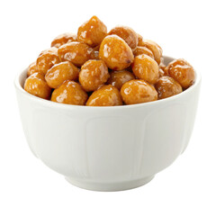 Ceramic bowl filled with glossy nuts glazed in honey, sweet snack isolated on white background. PNG