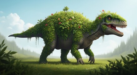 A massive, prehistoric creature, adorned with lush greenery and vibrant flowers, strides across a serene, grassy plain.