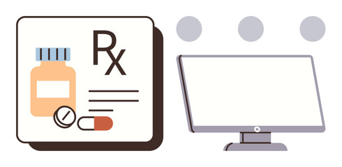 Fototapeta premium Pill bottle, tablet, capsule, prescription pad alongside a desktop monitor. Ideal for telemedicine, pharmacy, digital healthcare, online consultations, e-prescription medication management simple