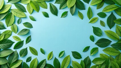 Green hydrogen industrial process. Green leaves arranged in a circular pattern on a light blue background.