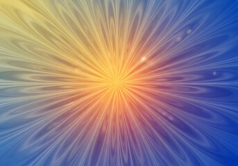 Fototapeta premium A radiant, sunburst-like design radiates vibrant hues of orange, yellow, and blue, creating a dynamic and energetic abstract composition.