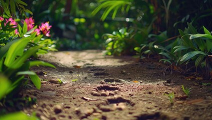 Tranquil garden path with vibrant flowers and lush greenery inviting exploration