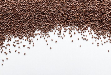 Naklejka premium Abundant spread of dark brown chia seeds, concentrated at the top, fading into a clean white surface