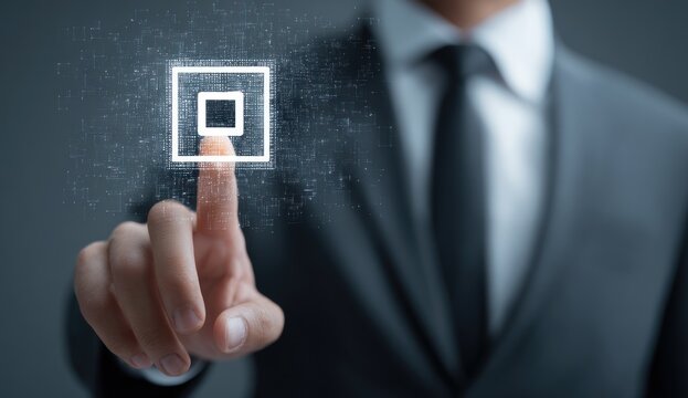 A man's hand points to a glowing, outlined square with a smaller filled square inside on a digital interface