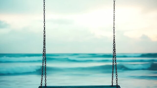 An empty swing set on a tranquil beach invites quiet reflection and peaceful contemplation amidst the soft, rolling ocean waves and serene sky