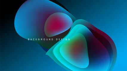 Abstract fluid shapes blend, creating vibrant color gradients. Dark background emphasizes luminous forms, modern design element.