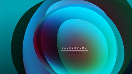 Abstract layers create vibrant circular design. Blue, teal, purple hues blend into dark background. Modern, dynamic composition.