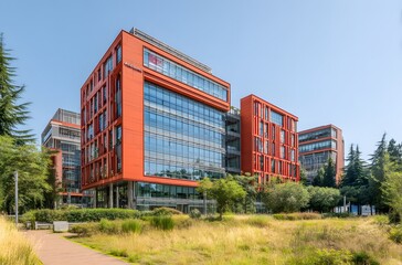 Obraz premium Modern, vibrant orange office buildings stand out amidst greenery and a clear sky.