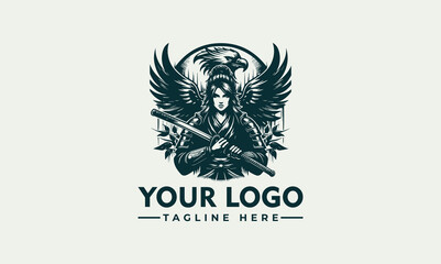 Obraz premium A stylized logo featuring a woman warrior with eagle wings, holding a katana, in a vintage graphic design style.