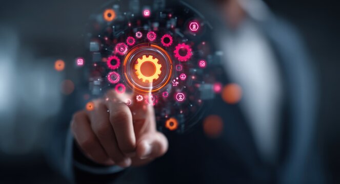 Blurred hand pointing at glowing cogwheel icon in a complex, glowing tech ring of shapes and light dots