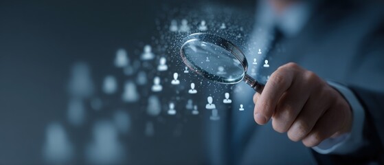 Business person holding a magnifying glass focused on abstract user icons in a blue, corporate setting