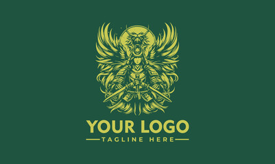 A fierce, winged warrior logo design, wielding swords, encircled by flames, set against a dark green background.