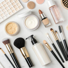 Assortment of beauty products including brushes and cosmetics, makeup collection isolated on white background. PNG