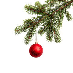 Red christmas ornament hanging on a green fir branch isolated on transparent background.