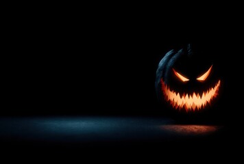 Fototapeta premium Eerie, lit pumpkin carving with a sinister grin and glowing eyes, against a dark, moody background with dim lighting