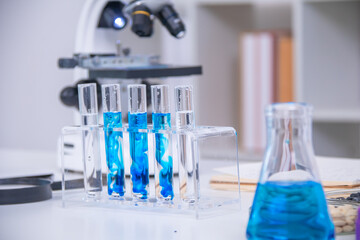 Learning and education for student in classroom under guidance of teacher, experiment uses scientific equipment showing test tube, beaker, droppers, microscope for chemistry analysis, biology research