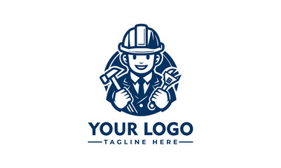 Smiling engineer logo,  hard hat, tools, business suit, professional services.