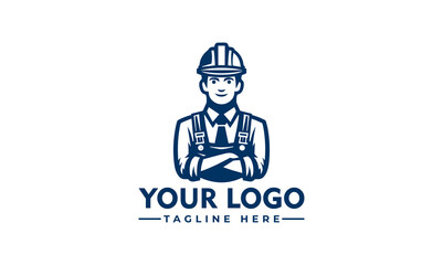 Illustration of a construction worker with arms crossed, wearing a hard hat and overalls, above placeholder text for a logo.