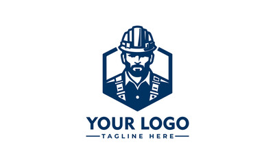 A stylized logo featuring a bearded construction worker in a hard hat, within a hexagonal frame.