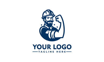 A strong, bearded construction worker logo design, showcasing a powerful arm flex.
