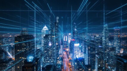 Dynamic city skyline at night with digital network overlay for global communication solutions - Powered by Adobe