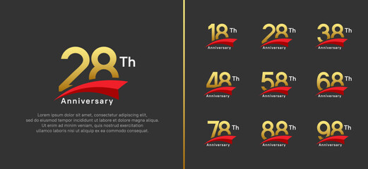 set of anniversary logo style red ribbon. vector design golden color for celebration