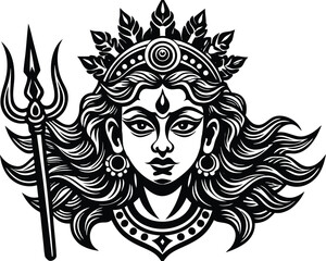 durga face with shakti  power  aura and trident
