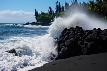 Crashing ocean waves against dark volcanic rocks surf black