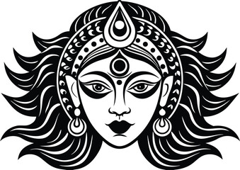 stylized durga face with third eye and bold red li copy