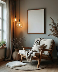 Cozy scandinavian living room mockup featuring a comfortable armchair warm lighting hanging plants and a blank frame for your design or artwork presentation.