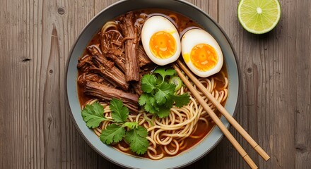 ramen bowl with tender meat, soft-boiled eggs, and fresh herbs, served on a rustic wooden table with chopsticks and lime