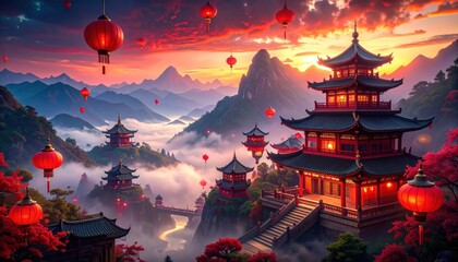 A breathtaking vista showcasing serene, red-toned pagodas nestled amidst a misty mountain range, illuminated by a vibrant sunset, with numerous red lanterns adding a touch of mystique.
